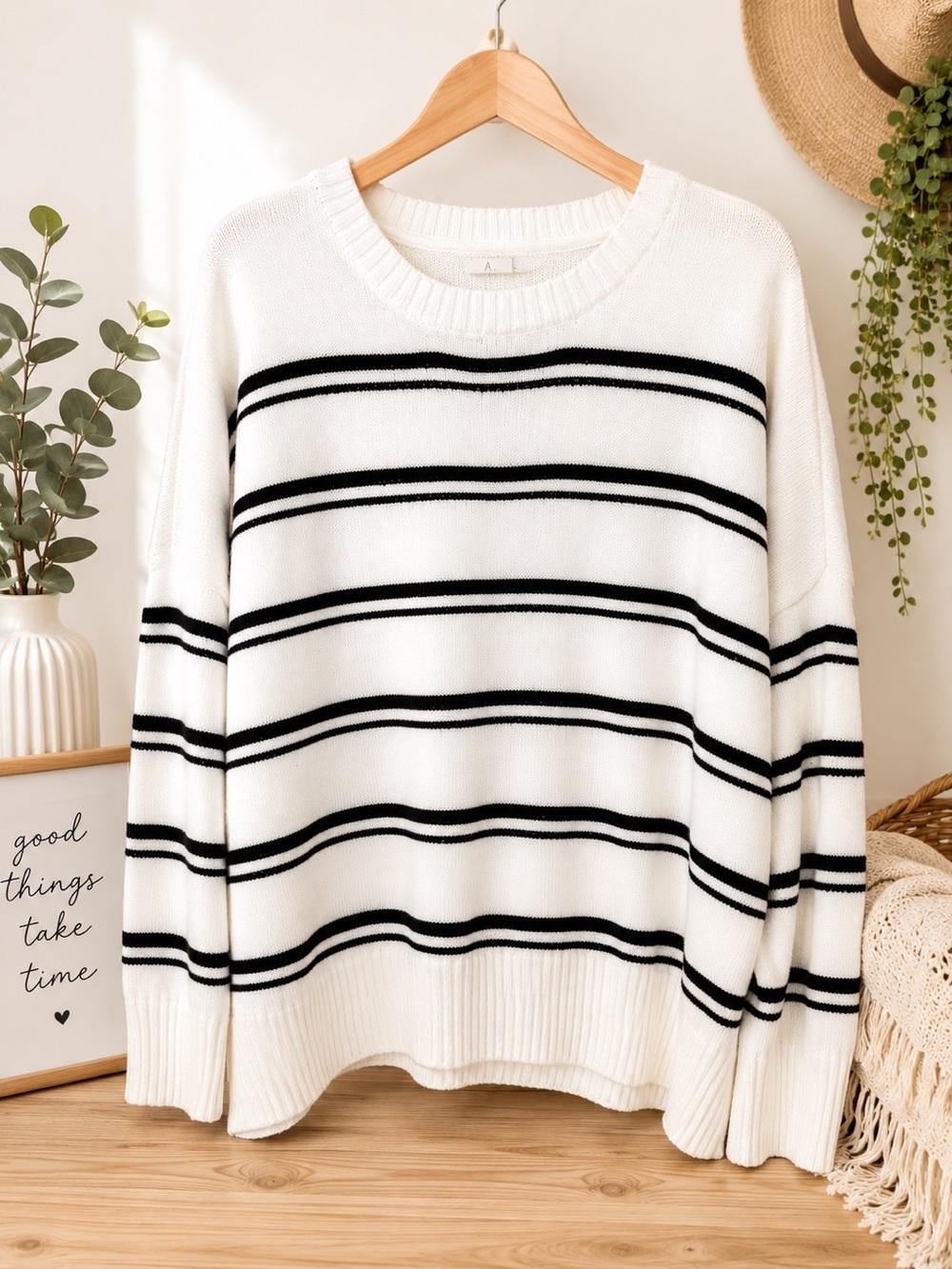 Joie White Crewneck Sweater with Black Stripes